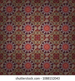 Abstract seamless pattern in green, brown and red colors. Square scraps in oriental style. Ideal for printing on fabric or paper. Vector illustration.
