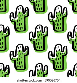 Abstract seamless pattern with green cactus. Hand drawing of black ink on a white background. Vector Image.