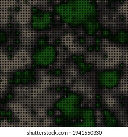 Abstract seamless pattern with green colored chaotic circles on dark