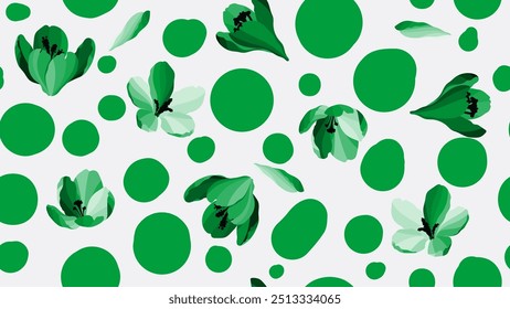 Abstract seamless pattern, green crocus flowers and dots on grey background