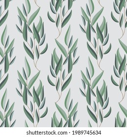 Abstract seamless pattern from green eucalyptus branches. Good for fabric, wrapping or digital paper and more. Vector illustration.