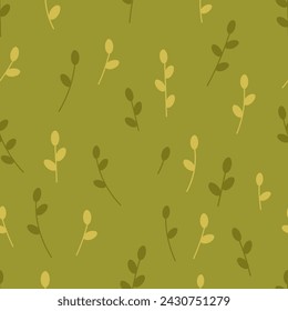 Abstract seamless pattern of green field with foliage. Lawn grass on a green background, botanical background. Vector illustration of cute meadow, summer grass.