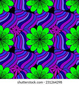 Abstract seamless pattern green flowers with doodles on black background 