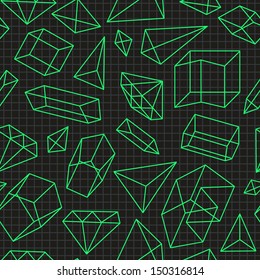 Abstract seamless pattern with green geometric figures, diamonds and lines on black background.  Vector illustration.  