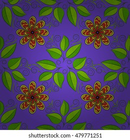 Abstract seamless pattern with green leaves and mandala on a dark blue background