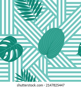 Abstract seamless pattern with green lines and tropical leaves for textile, wallpapers, gift wrap, covers and scrapbook. Vector.