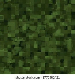 Abstraktes, nahtloses Muster mit grünen und olivfarbenen chaotischen Quadraten auf dunklem Hintergrund. Vektorgrafik, die Texturgrafik tarnt.