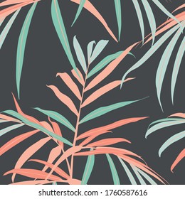 Abstract seamless pattern with green orange palm tropical leaves on black background. Hand draw illustration. 