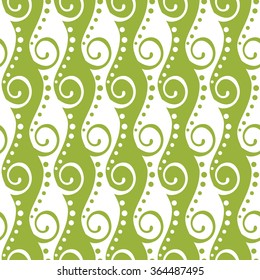 Abstract seamless pattern with green ornament of swirls and dots