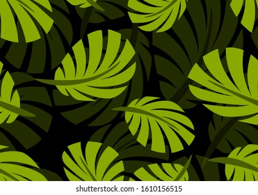 Abstract seamless pattern with green palm leaves on a black background. Simple organic print. EPS10 vector illustration.