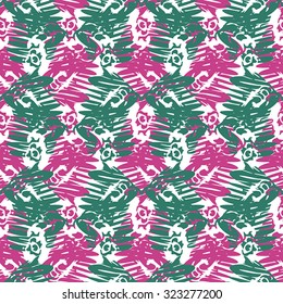 Abstract seamless pattern with green and pink elements on white background