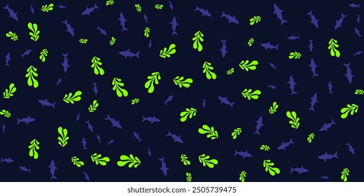 Abstract seamless pattern with green seaweed and blue sharks on a dark blue background. Perfect for ocean, marine life, and underwater designs.