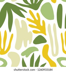 Abstract seamless pattern with green shapes or marks and exotic leaves on white background. Modern colorful vector illustration in flat style for wrapping paper, wallpaper, backdrop, textile print.