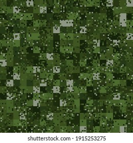Abstract seamless pattern with green and tan colored chaotic squares background. Vector digital pixel mosaic camo texture