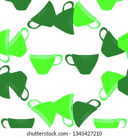 Abstract seamless pattern with green tea cups. Textured decorative background.