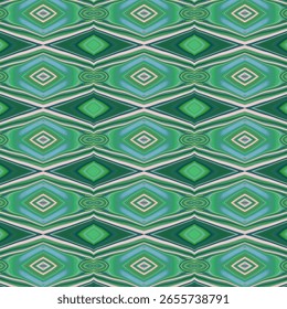 Abstract seamless pattern in green tones with diamond shapes and intricate symmetry, great for backgrounds and textile use in interior or digital designs.
