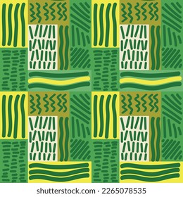 Abstract seamless pattern. Green and yellow color. Vector freehand lines background texture. For textile design, for making of clothes, scarf, accessories, decorative paper. 