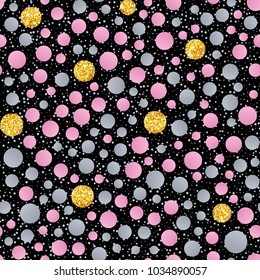 Abstract Seamless Pattern of Grey, Pink, Gold Glittering Circles on Black Backdrop. Continuous Background of Geometric Figures for Universal Application.