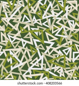 Abstract seamless pattern of grey, white and green overlapping triangles chaotic scattered on a dark green background.