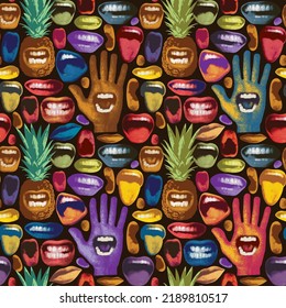 Abstract Seamless Pattern With Grimasing Pineapples, Multicolored Human Mouths And Palm Hand. Bright Vector Background With Laughing, Angry, Singing, Screaming Human Mouths. Wallpaper, Wrapping Paper 