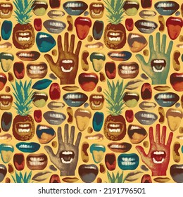 Abstract Seamless Pattern With Grimasing Pineapples, Multicolored Human Mouths And Palm Hand. Bright Vector Background With Laughing, Angry, Singing, Screaming Human Mouths. Wallpaper, Wrapping Paper 