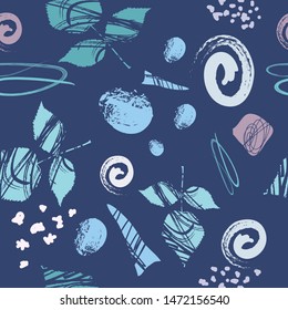 Abstract seamless pattern, grunge art background, modern brush strokes design with stylized plants,leaves and geometric elements