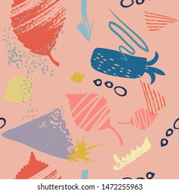Abstract seamless pattern, grunge art background, modern brush strokes design with stylized plants,leaves and geometric elements