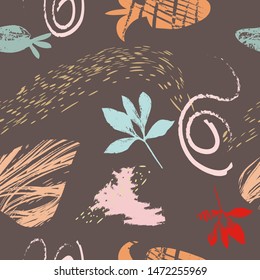Abstract seamless pattern, grunge art background, modern brush strokes design with stylized plants,leaves and geometric elements