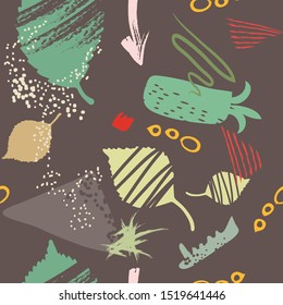 Abstract seamless pattern, grunge art background. Colorful repeating texture for textile fabric or paper print. Modern brush strokes design with stylized plants, leaves and geometric elements. 