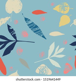 Abstract seamless pattern, grunge art background. Colorful repeating texture for textile fabric or paper print. Modern brush strokes design with stylized plants, leaves and geometric elements. 