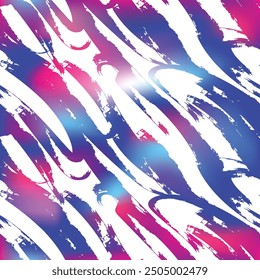 Abstract seamless pattern with grunge brush textured background. Gradient purple, pink and white colors. Grungy gouache painting. Paint brush strokes, exotic wavy lines. 80s style