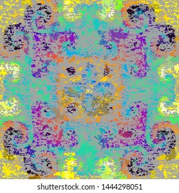 Abstract seamless pattern with grunge dirty texture and vintage ornament. Vector image.