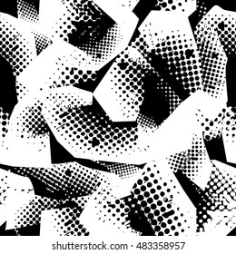 Abstract seamless pattern with grunge elements scuffed, sprays, dots. Black and white background for girls and boys. Modern chaotic wallpaper. Silhouette Repeated backdrop