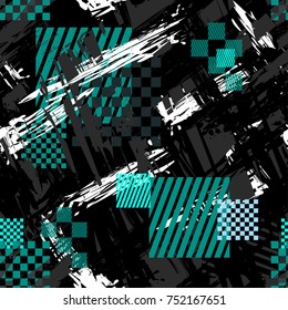 Abstract seamless pattern with grunge geometric elements, brush track silhouette, squares, lines. Multilayer repeated backdrop for boys, sport textile, clothes, wrapping paper. Grunge urban style