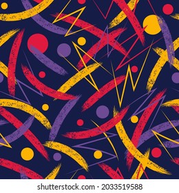 Abstract seamless pattern with grunge paint brush stroke and circles. Colorful intricate smears on black background. Modern grunge texture. Perfect for sportswear, sporting goods