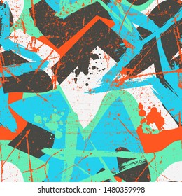 Abstract seamless pattern with grunge stars and curved elements.