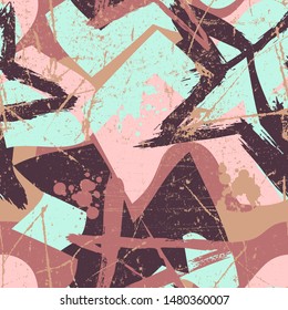 Abstract seamless pattern with grunge stars and curved elements.