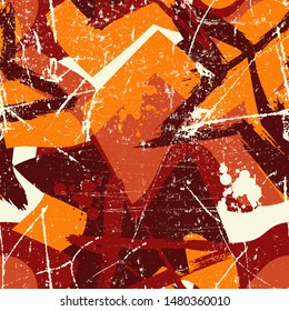 Abstract seamless pattern with grunge stars and curved elements.