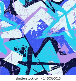 Abstract seamless pattern with grunge stars and curved elements.