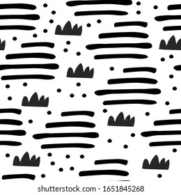 Abstract seamless pattern with grunge strokes,dots and decorative elements. For wallpaper,textile, fabric design. Children drawings.Vector background