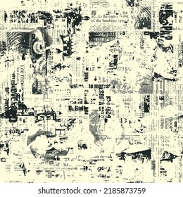 Abstract seamless pattern in grunge style with chaotic layering of illegible newspaper text, illustrations and headlines. Suitable for wallpaper, wrapping paper, fabric. Creative vector background