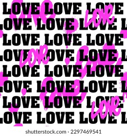 Abstract seamless pattern with grunge textured words, love. Repeat background for a boy, sports textile, fashionable clothes, wrapping paper.