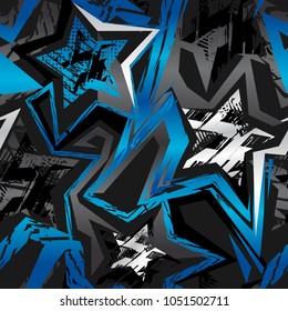 Abstract seamless pattern. Grunge urban repeated backdrop for sport textile, clothes, wrapping paper. Grungy wallpaper with stars, brush track silhouette, curved lines. 