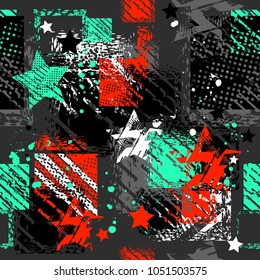 Abstract seamless pattern. Grunge urban repeated backdrop for sport textile, clothes, wrapping paper. Grungy wallpaper with stars, brush track silhouette, curved lines, spray paint ink, splatter 