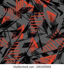 Abstract seamless pattern. Grunge urban repeated backdrop for sport textile, clothes, wrapping paper. Grungy wallpaper with triangles, brush track silhouette, curved lines. grey and orange shape 