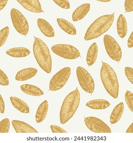 Abstract seamless pattern with  guava leaves. Trendy farmhouse vintage golden yellow leaves textures on cream background.can be used for textile.