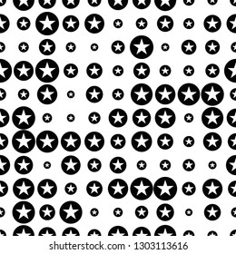Abstract seamless pattern with halftone stars in circles. Geometric background. Vector illustration. 