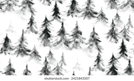 Resumen de un patrón sin fisuras con bosque de abetos verde gris de medio tono. Elegante textura geométrica de medio tono de coníferas paisaje para el concepto de viaje textil, papel de pared, banner