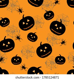 Abstract seamless pattern for Halloween day. Pumpkin, spider web and spiders on orange background.