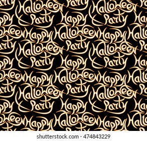Abstract seamless pattern for Halloween. The message happy Halloween party on a dark background.